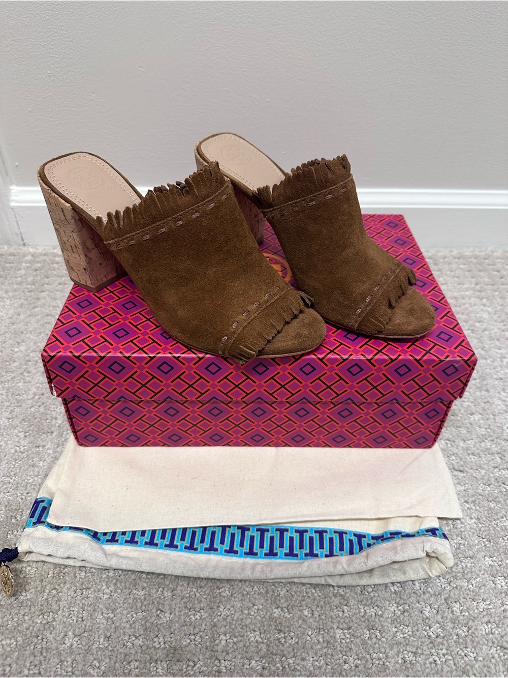 Tory Burch Huntington Fringed Brown Suede Block Heel Mules